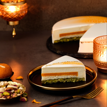 Pistachio and Cashew nut entremet with Saffron boondi (Eggless)