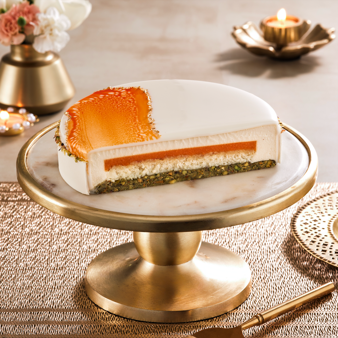 Pistachio and Cashew nut entremet with Saffron boondi (Eggless)